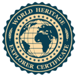 Round Blue Logo with an image of a globe in the middle, the text reads World Heritage Explorer Certificate